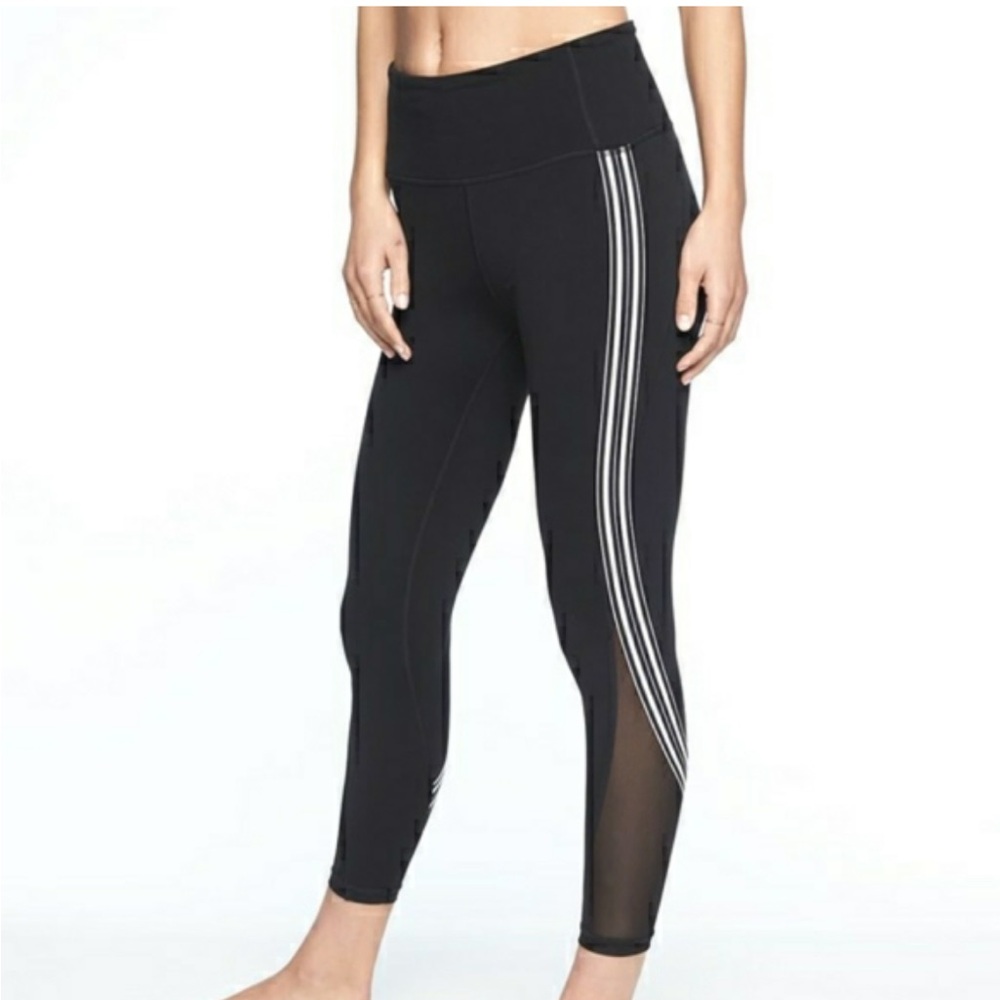 ATHLETA LEGGINGS, Sz PL, 7/8 Salutation Fitness Tights w/ Stripes & Mesh Detail.